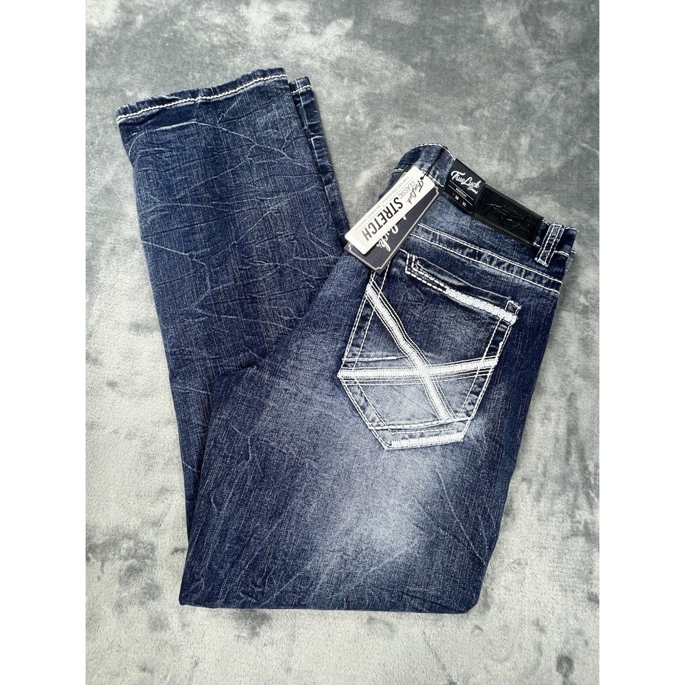 True Luck Jeans 36x32 Men Blue Static Embroider Bootcut Grunge Stretch Biker NEW